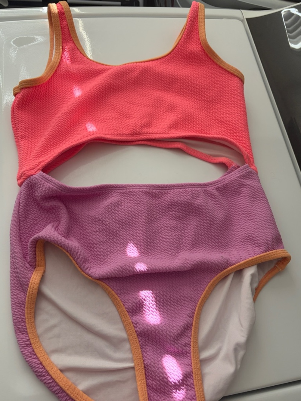 Old Navy Pink & Purple One-Piece Swimsuit with Orange Trim